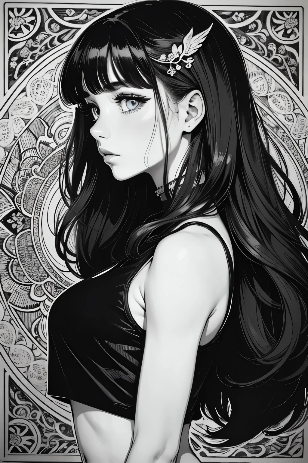 Ultra-detailed, master piece, Top quality, 1 girl, Beardsley style picture, monochrome, line_art, block print, side view, crop top, long wavy hair, bangs, Very_beautiful_face, very_beautiful_eyes, even_eyes