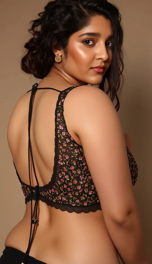 A beautiful poor married woman(voluptuous, sexy, short hair) wearing backless saree showcasing her beautiful sexy back(gorgeously delicate).