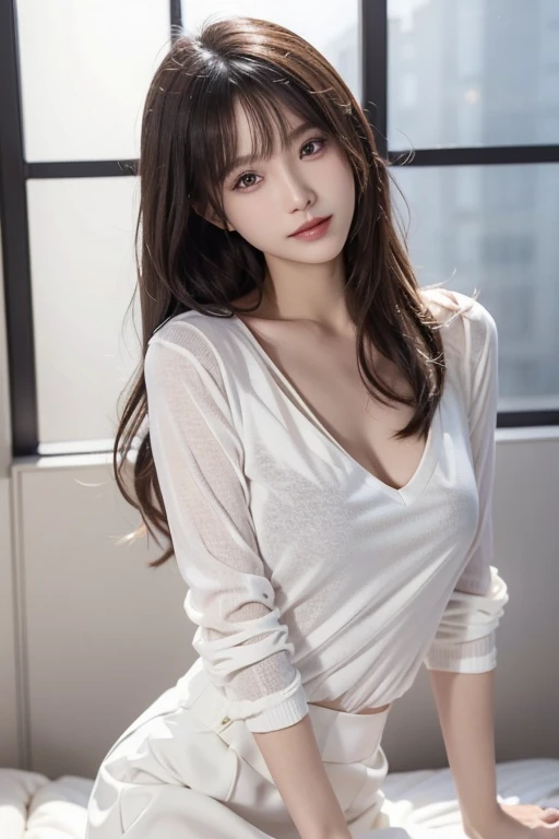 1girl, solo, small breasts, sheer jacket, casual dress, thighhigh, sheer underwear, (best quality,4k,8k,highres,masterpiece:1.2),ultra-detailed,(realistic,photorealistic,photo-realistic:1.37),intricate details, delicate features, beautiful detailed eyes, beautiful detailed lips, extremely detailed face, long eyelashes, serene expression, flowing hair, natural lighting, warm color palette, soft focus, digital painting, cinematic composition