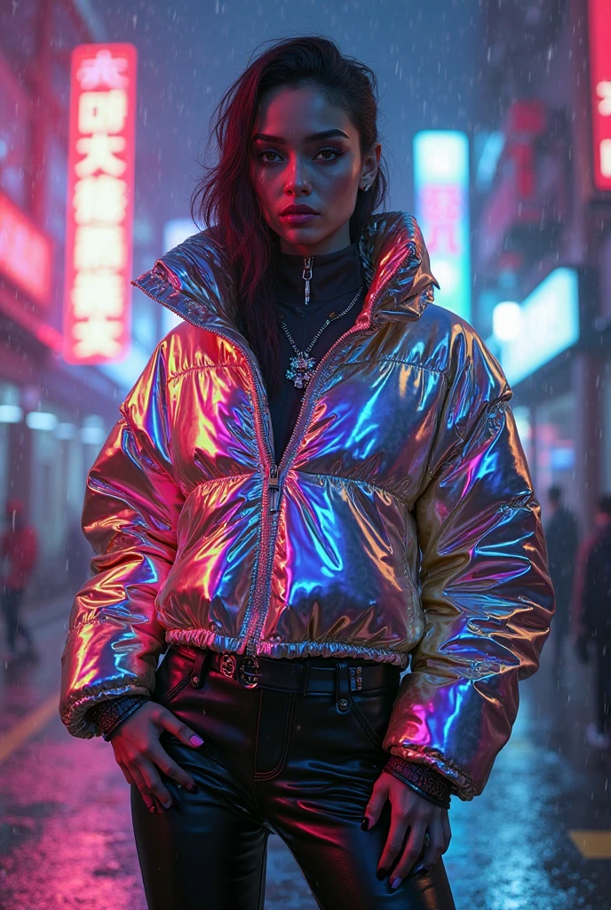 Top Quality, Masterpiece, High Resolution, 8k, (cute skinny barely legal girl ((((in oversized loose shiny puffer crop shirt with deep cleavage, deep neckline)))) and tight leggings, ((small perky breasts)), beautiful detailed eyes, beautiful detailed lips, small closed mouth, extremely detailed face, pale skin, random long hair style, small hips, some tattoos), (((in cyberpunk apartment, random pose next to a couch))), moody atmosphere, random neon colors, futuristic setting, intricate details, at night, backlit, full body shot