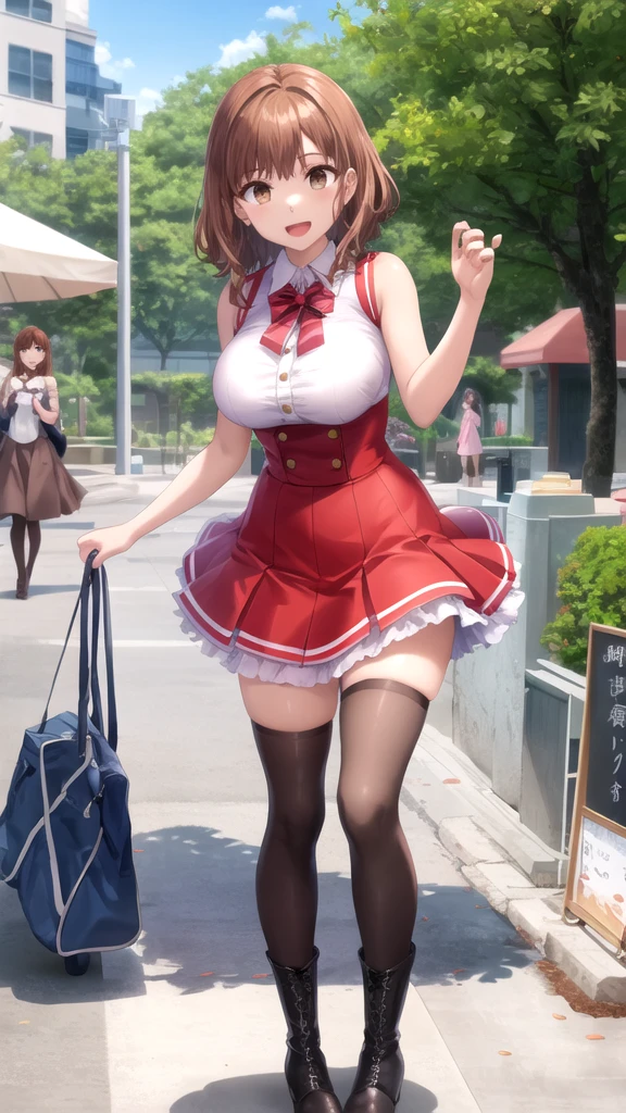 Full body drawing Beautiful woman running at full speed illustration Huge huge chest Sprint Smiling French restaurant background,beautiful shiny eys,hyper-realistic,Illustration,High resolution,8K,Very detailed,Best Illustration,Best Quality,ultra-detailliert,masterpiece,