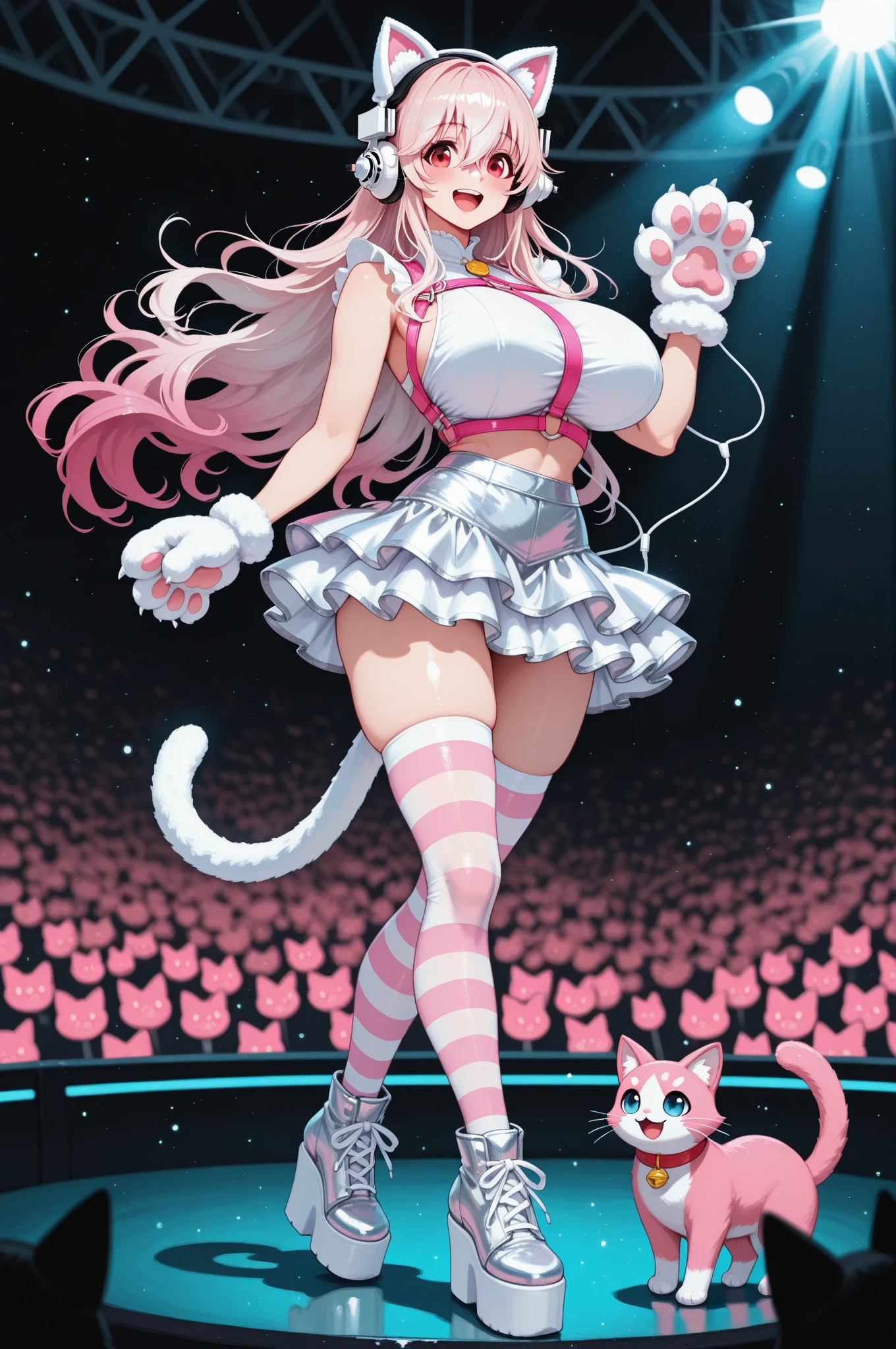 super detailed pictures, Perfect quality, high quality,  masterpiece, absolutely eye-catching, An absurd, newest, Meticulous Eyes, perfect eyes, Real eyes, (Beautiful and aesthetically pleasing), Very awa, newest, Movie Light, sexy girl pose, 1 Girl, Super Sonico , long hair, Pink Hair, watching the audience,  Smile,  open mouth , hair between eyes, Jewelry, very long hair, gradient hair color, Pink Hair, White hair, full body, fake animal ears, pink cat ears, Animal Hands , 大号粉色Cat's Paw, Cat's Paw,  cat's tail, huge breasts, Frilled micro skirt, tight skirt, pink cropped top, Sleeveless, white dress, Silver earphones,  red eyes, Flash, flowing hair, depth of field, white foot gear,  Striped Stockings ,  happy , 浅粉色腮红, light particles,  silver trim , Flash, Platform shoes , Pink Harness, colorful, Alternate clothing, artistic background