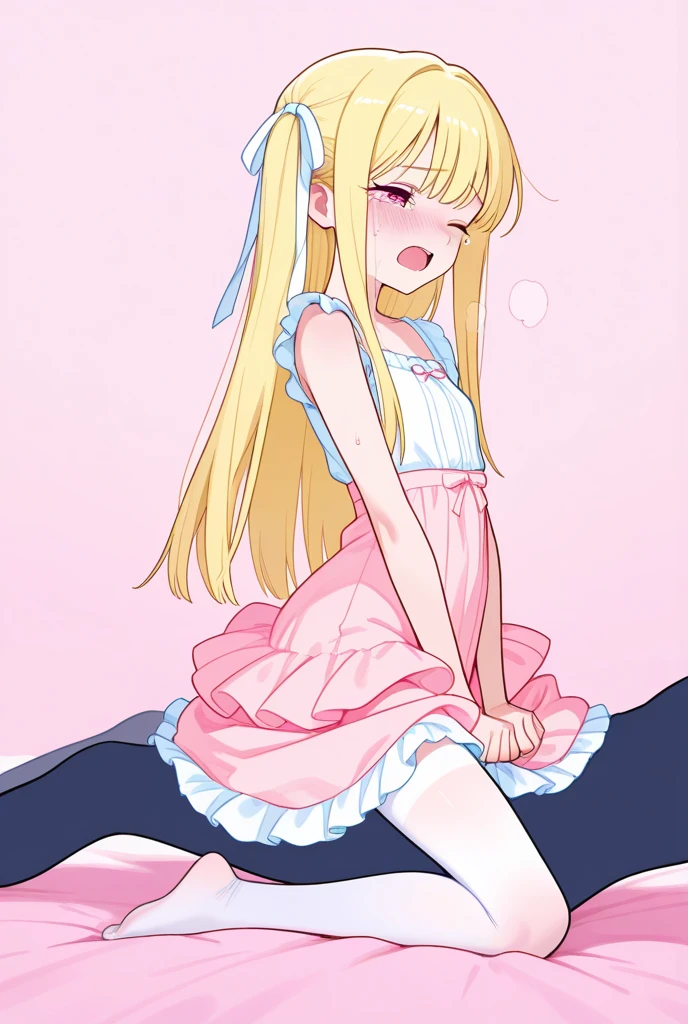 (NSFW),High accuracy, (As an example: 1.2), Anime、((Highest quality)), (Very detailed),  ((On a nice bed in the hotel:1.3)),(In short and 、8 years:1.7)、nice face、(Rabbit ears、Lolita clothes:1.4),break white and transparent skin、(Blue ribbon on the head、Long, shiny, pale blonde hair:1.4),break (Raise your legs, Raise your legs:1.3),(Spread your pussy:1.2),(Low position、From the bottom:1.3)