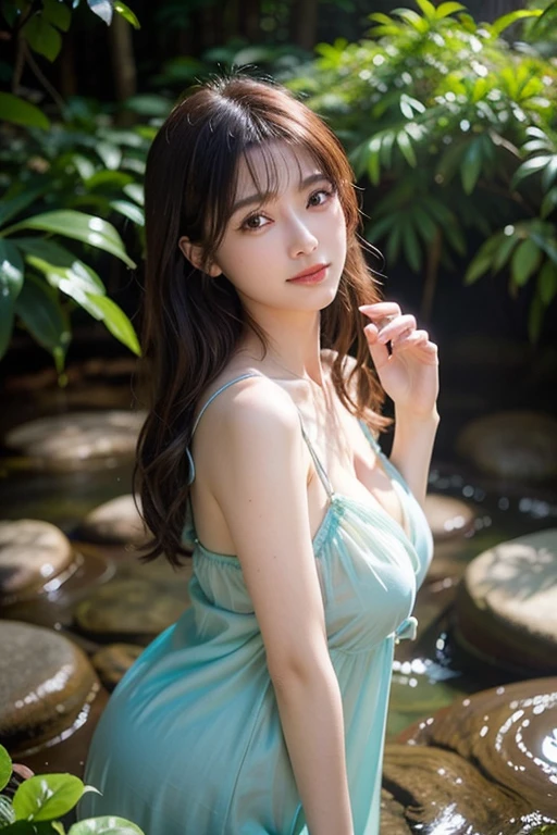 (masterpiece), (best quality:1.4), Ridiculous, [:intricate details:0.2], 1 girl, (naked towel), (fountain, hot spring:1.2), hydrated skin, (FOG:1.2), mist, skin shiny, Glowing skin, (partially submerged in the hot spring:1.2), (wet hair:1.2), mist, wet, moisture,full-body shot