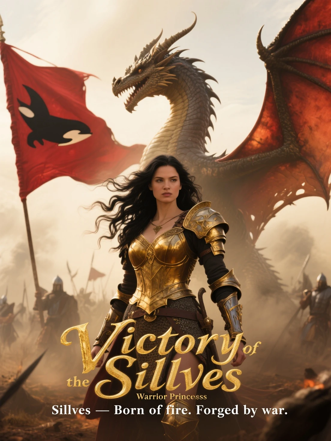 Illustration for a poster to promote a heavy metal band concert, with two barbarian warriors with black hair and eyes and steel armor and a chubby female warrior, overweight, imposing and with an angry expression, ready for battle, with purple hair and green eyes, wearing a necklace with a pendant in the shape of a steel eagle with open wings, between the two warriors, with fire behind them, in the style of 80's comic books, in the dimensions used for Instagram posts, with the title of the event The Alliance of Metal with the letters in metallic gray with black shadows, in the middle of the poster
