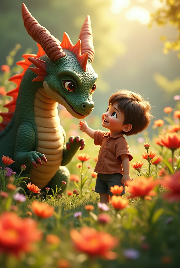 Timmy stumbling upon a hidden clearing and finding a tiny dragon, no bigger than a housecat, with scales shimmering like emeralds."3d animated, Disney style