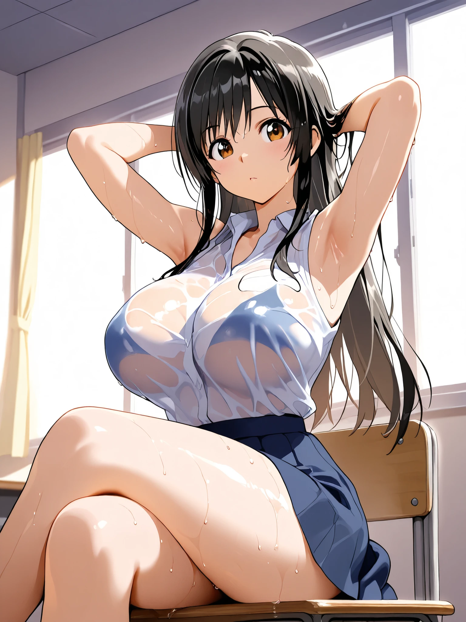 sleeveless,armpits,wet skin,(Highest Quality, 4K, masterpiece :1.3), high image quality, high image quality画像, high image quality, 8k, anime style,
about, Genuine, oily skin,
1 girl, Yui Ootegawa , To Loveる, black hair, long hair, big breasts,
Classroom, after class,
sitting at desk, , cross your legs, staring at the viewer,