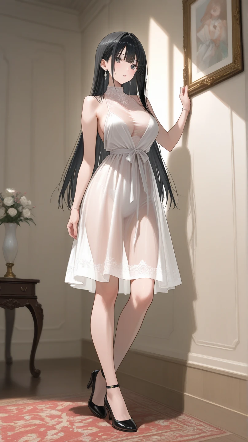 In the old castle,A beautiful lady sitting by the window,Looking out the window at the poignant moonlight,Her body proportions are impeccable,Tears welled up in the corners of his eyes,Wear transparent pajamas,She looks clear,Perfect finger proportions