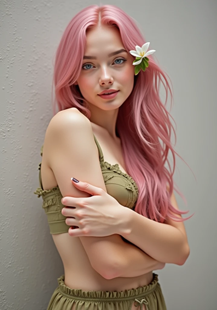 (highly detailed body, highly detailed face, best quality:1.2) ,A Woman, with long pink hair, look at the viewer, (Pink bra, shorts ), (Pink bougainvillea mess in background:1.4)