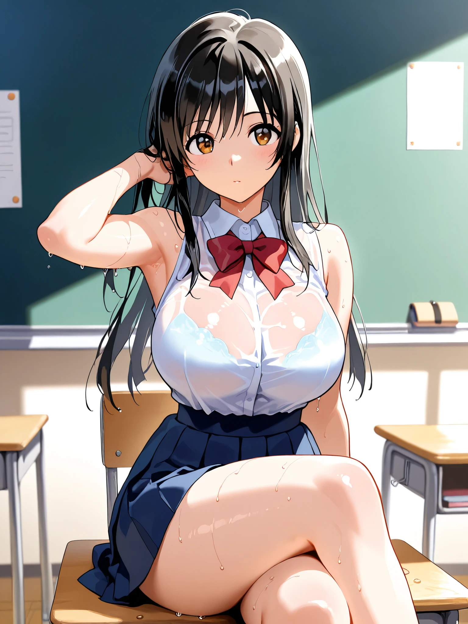 sleeveless,armpits,wet skin,(Highest Quality, 4K, masterpiece :1.3), high image quality, high image quality画像, high image quality, 8k, anime style,
about, Genuine, oily skin,
1 girl, Yui Ootegawa , To Loveる, black hair, long hair, big breasts,
Classroom, after class,
sitting at desk, , cross your legs, staring at the viewer,