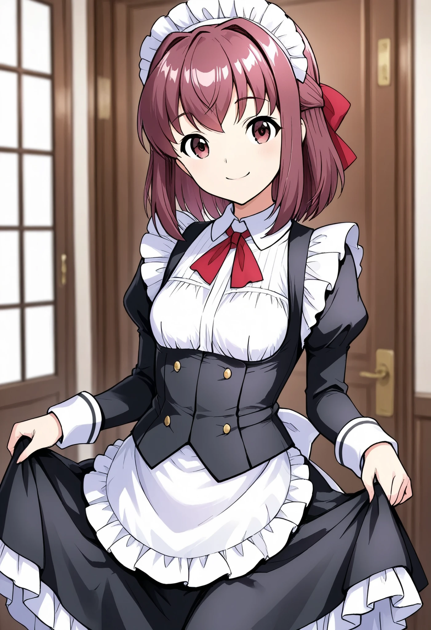 high resolution、Highest Quality、super quality、shot from the front、is smiling、one girl、solo、 Kondo Taeko 、smile、Absolute reference to center 、Red brown pretty eyes、 shiny brown hair , short hair ,Red Ribbon、 ( Beautiful brown eyes )、 very detailed face, highly detailed eyes, masterpiece , Cowboy Shots 、maid clothes、black victorian maid、Skirt Hold、 raise your face 、 small breasts、cowboy short、
