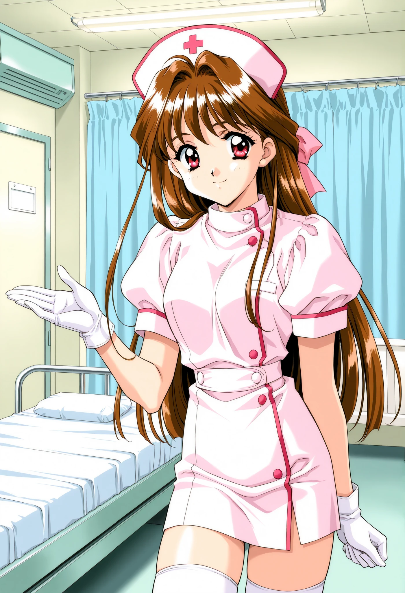 Score_9, score_8_up, score_7_up, source_anime, MinamizatoAi, 1girl, solo, long hair, brown hair, red eyes, bangs, 1990s (style), kadoi aya style, hair ribbon, pink ribbon, (best quality), (high quality), {masterpiece}, extremely delicate and beautiful, ultra-detailed, beautiful detailed eyes, nurse, nurse hat, ((white nurse's outfit)), white gloves, white thighhighs, hospital room, smile, closed mouth, standing