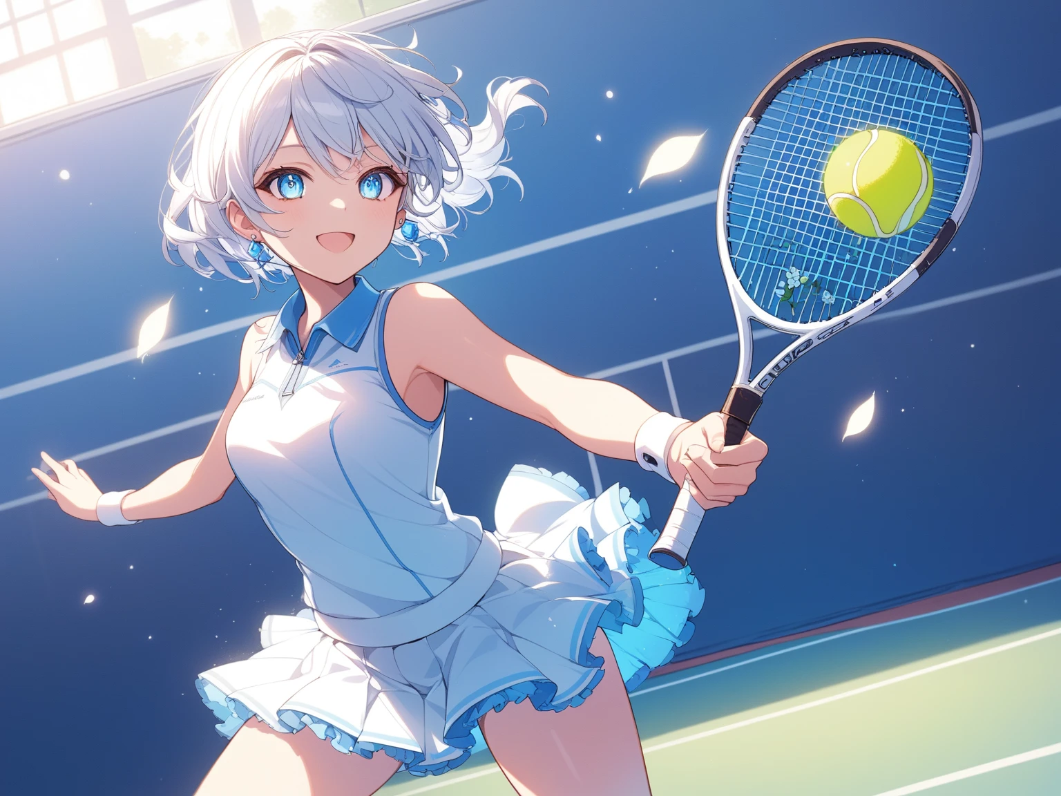 1 Girl、Beautiful silver hair、((((Very short hair))))、Blue eyes、(blue visor)、((Blunt bangs)), 22 years old, ((Tennis uniform)), sleeveless, (tsurime), Tight waist、Natural smile、((panties)), Holding a tennis racket、sexy pose、At the tennis event venue、A large crowd gathers、Serious expression、blush、Sweat、Dynamic Angle、Lens flare、Shallow depth of field