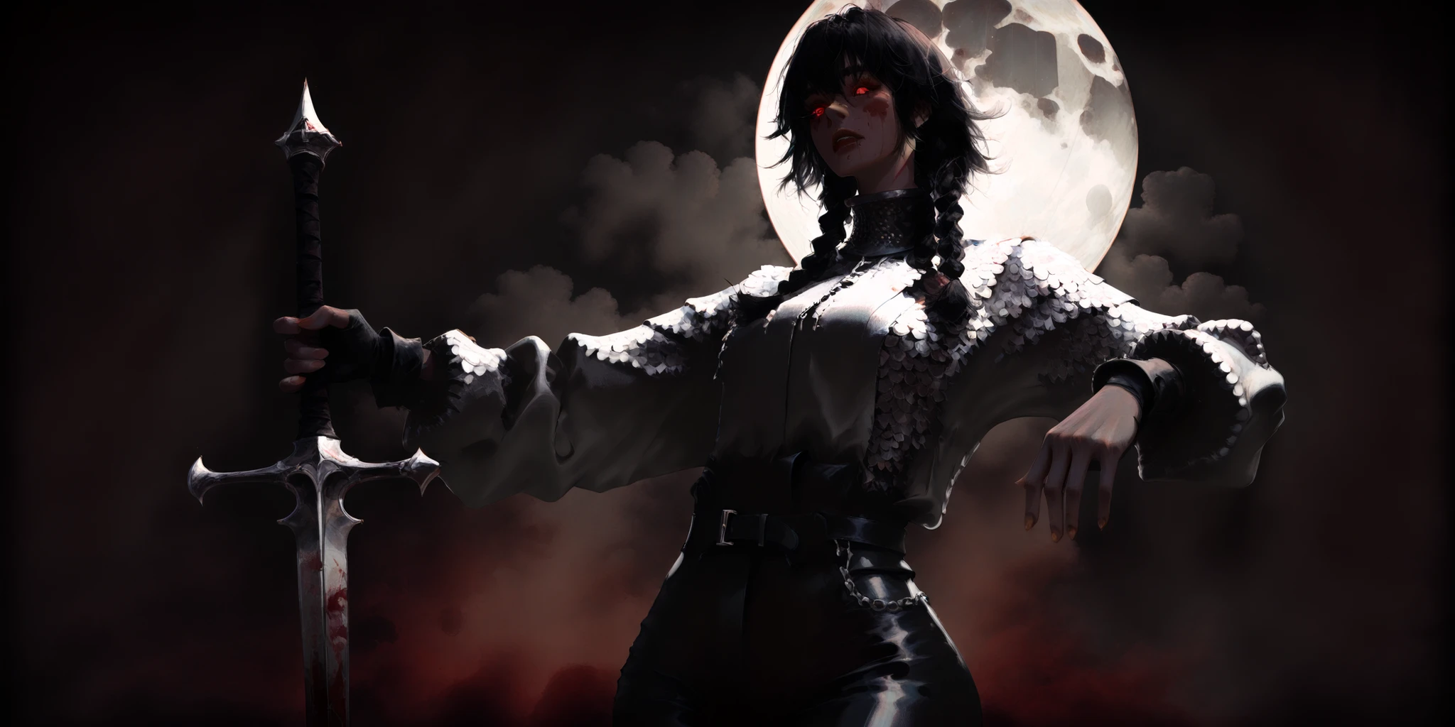 artist: wlop, masterpiece, best quality, illustration, a vampire woman, beautiful woman, European facial features, Caucasian, small breasts, shoulder length black hair, small braids, red eyes, detailed face, loose fitting leather pants, female wearing very loose fitting high waist black leather pants with a black belt, and a (thick gray long-sleeved chainmail shirt with a high neck), black leather combat boots and fingerless gloves, tall-looking, fantasy, holding iron sword, perfect anatomy, detailed, lighting, colorful, slim body, fit body, ideal ratio body proportions, tall, Realistic Shadows, regular steel sword, steel sword, normal steel sword, detailed face, detailed eyes, epic, chain mail long sleeve shirt, high neck chainmail shirt, chainmail long sleeve shirt, top fully covering upper body, fully covered upper body, highly detailed, dark colours, cool pose, upper body portrait, cinematic portrait, background splash artwork, videogame style background, game style artwork background, illustration style background, cinematic background, cinematic lighting, interesting background, themed background, epic background, melancholic background, moon in background, clouds in background, bloody background, detailed background, immersive background, eye catching background, unique background, detailed eyes, Official Art, Blood on face,