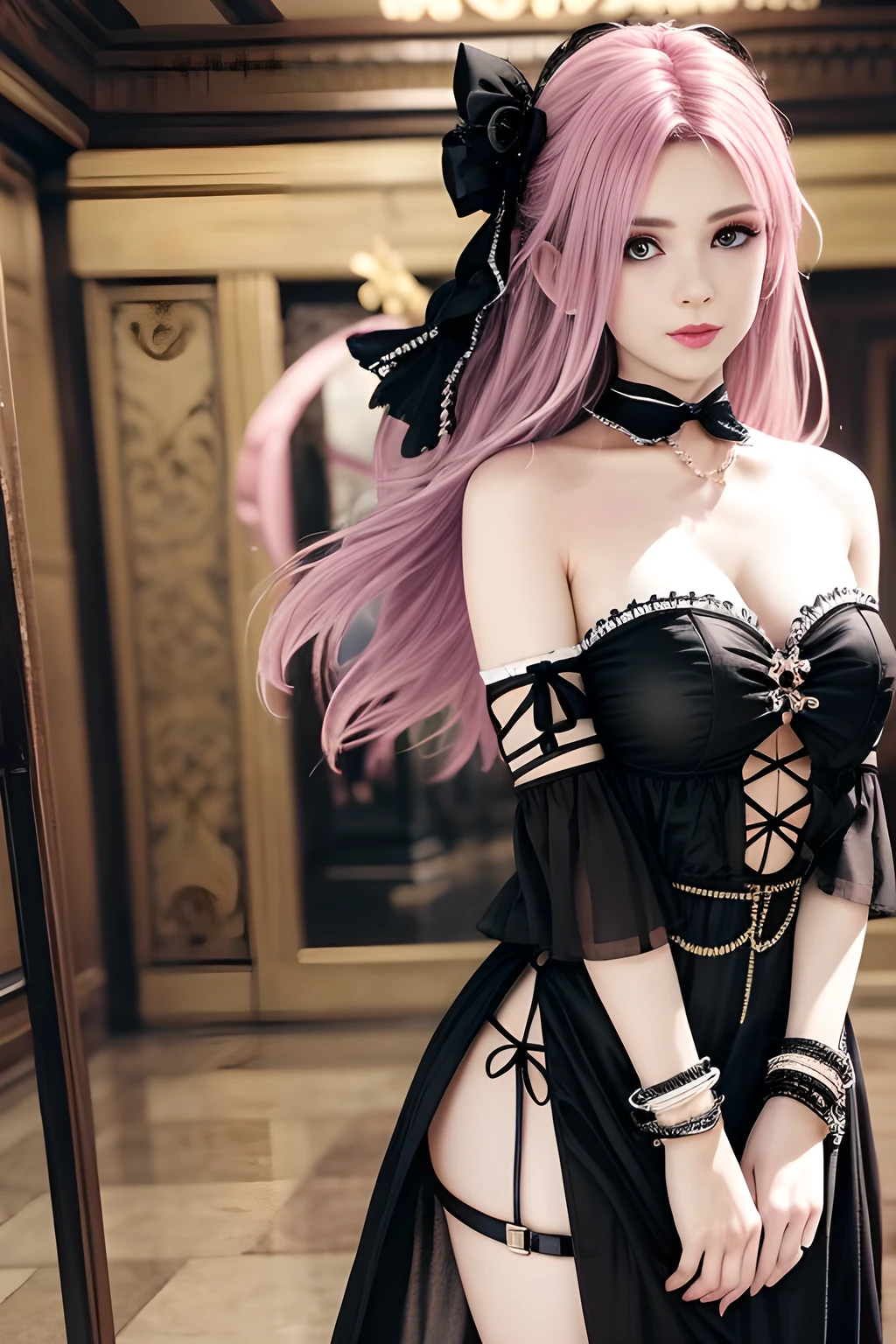 masterpiece, best quality, realistic, 1girl, vindictus, thick thighs, f-cup breast, dress view, (PureErosFace_V1:0.6), long pink hair