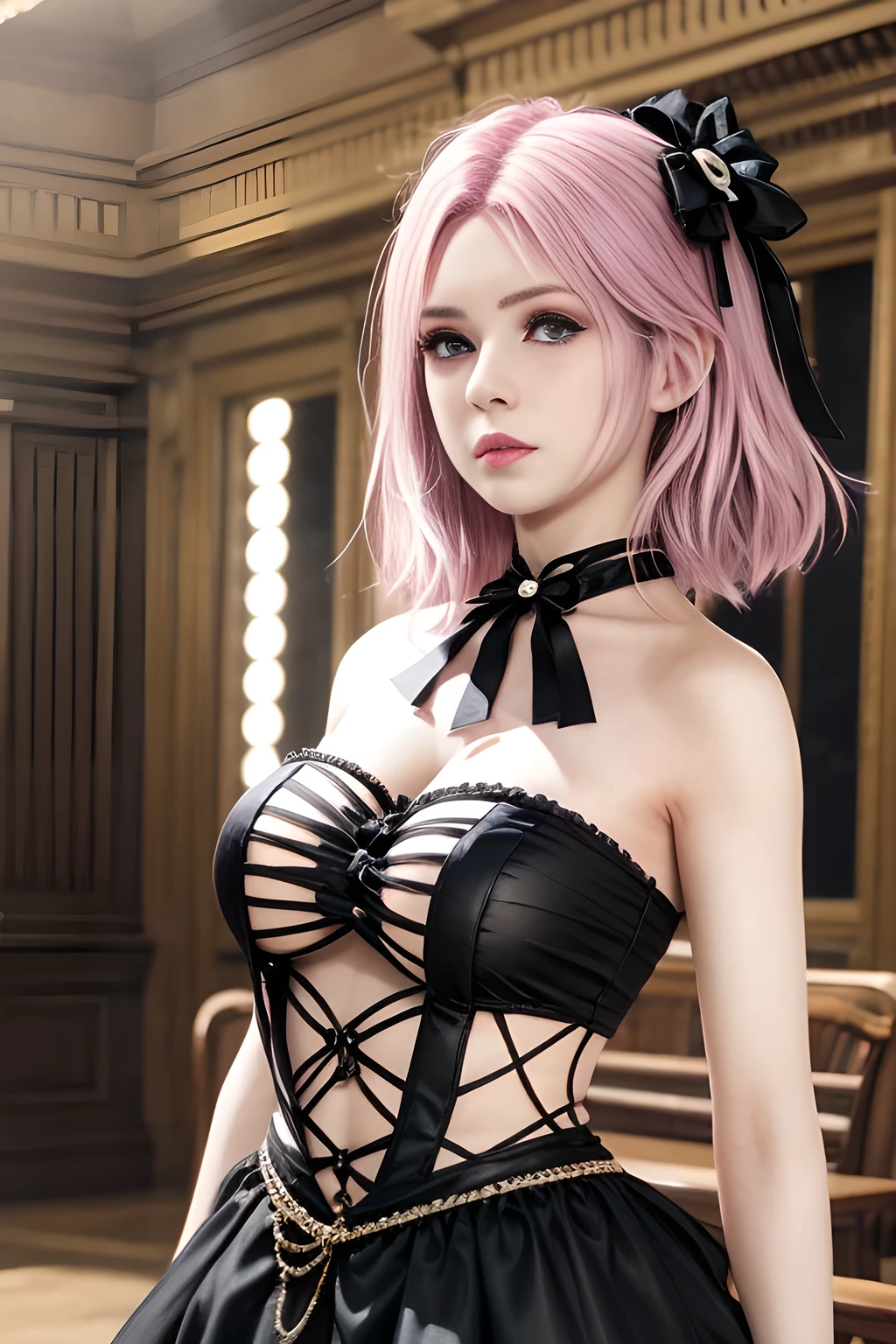 (masterpiece) top quality, super detailed, High-resolution display, realistic lighting and shadows, breathtaking, pink hair, straight hair, bob cut, short hair, black eyes, beautiful髪, beautiful目, 1のbeautiful女の子, cute face, beautiful顔, beautiful, highest quality, anatomy, ((playboy_bunny)), beautiful, highest quality, laughing, very bright, from below, (Fishnet tights), sexy,