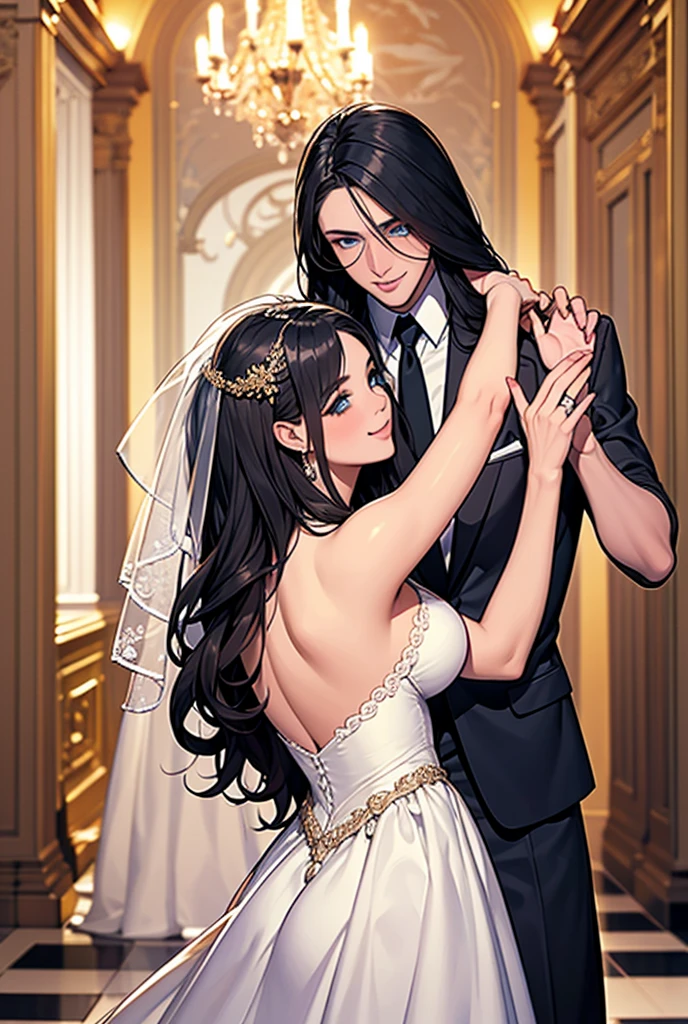High-quality image of a couple: a man with his hair cut back (a tall, statuesque, elegant, brave young man, with brown eyes, short black hair, dressed in a black suit) hugs a woman with long hair and black (an incredibly beautiful young femme fatale with long straight black hair, she is a princess, she has a romantic dress and a tiara). They are in love with each other.