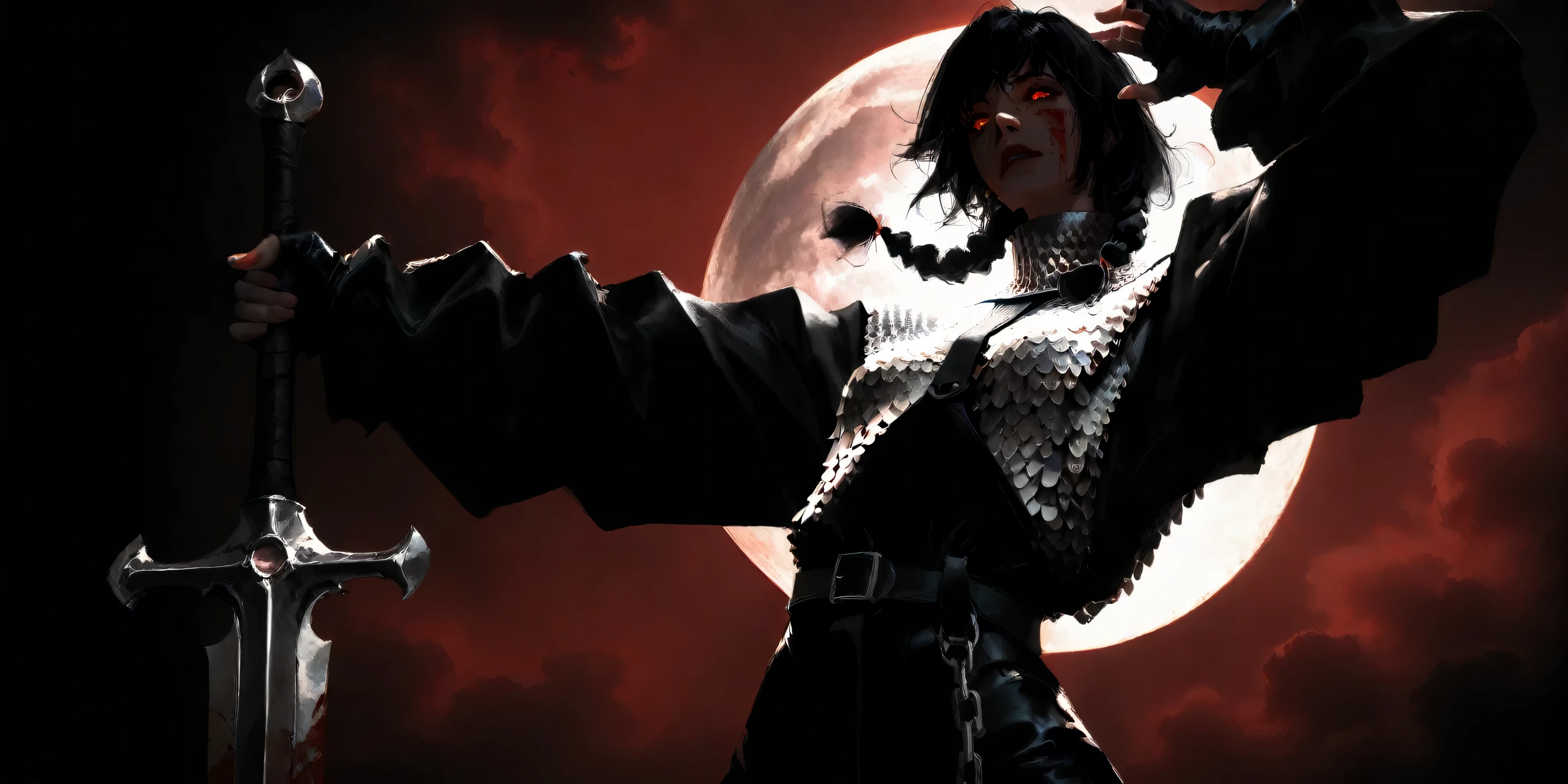 artist: wlop, masterpiece, best quality, illustration, a vampire woman, beautiful woman, European facial features, Caucasian, small breasts, shoulder length black hair, small braids, red eyes, detailed face, loose fitting leather pants, female wearing very loose fitting high waist black leather pants with a black belt, and a (thick gray long-sleeved chainmail shirt with a high neck), black leather combat boots and fingerless gloves, tall-looking, fantasy, holding iron sword, perfect anatomy, detailed, lighting, colorful, slim body, fit body, ideal ratio body proportions, tall, Realistic Shadows, regular steel sword, steel sword, normal steel sword, detailed face, detailed eyes, epic, chain mail long sleeve shirt, high neck chainmail shirt, chainmail long sleeve shirt, top fully covering upper body, fully covered upper body, highly detailed, dark colours, cool pose, upper body portrait, cinematic portrait, background splash artwork, videogame style background, game style artwork background, illustration style background, cinematic background, cinematic lighting, interesting background, themed background, epic background, melancholic background, moon in background, clouds in background, bloody background, detailed background, immersive background, eye catching background, unique background, detailed eyes, Official Art, Blood on face,