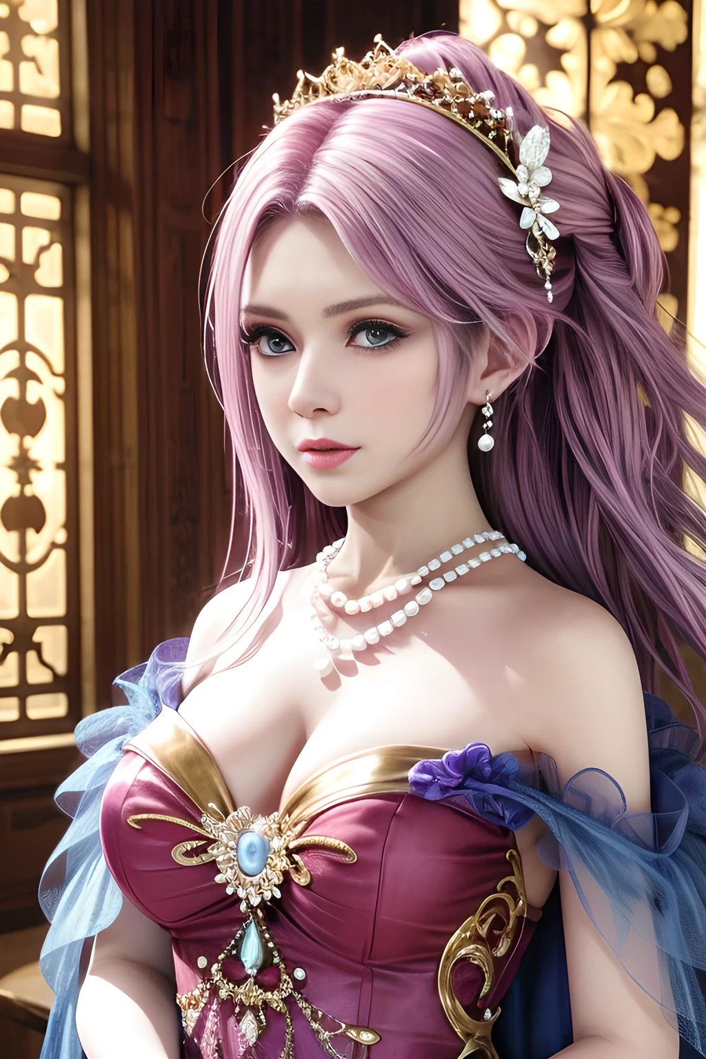 top views,Desaturate Hue, 流行超Realistis,1 girl,Vampires, Elise,(Wear red and blue color style; floral lace layered skirt),jewely,Tattooed with,Redlip,(Glossy glossy skin:1.4),鎖骨,gigantic cleavage breasts,during night, full_themoon, As estrelas,(tmasterpiece:1.5), (Best quality at best:1.35),(Realistis:1.4), detailed,8K，computer graphics image processing,detailed头发,,Expressive eyes, s the perfect face, real fingers,depth of fields,Similar colors,a warm color palette,softlighting,low-contrast,hard shadows,full body,