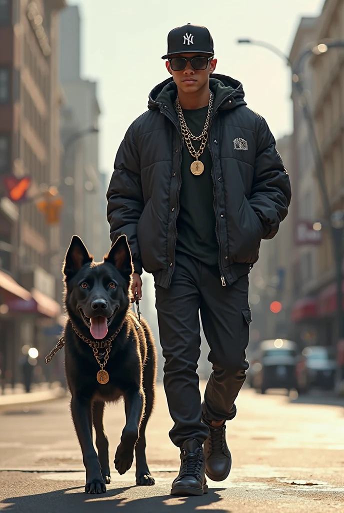 make a  girl (in black baggy clothes) with a pitbull