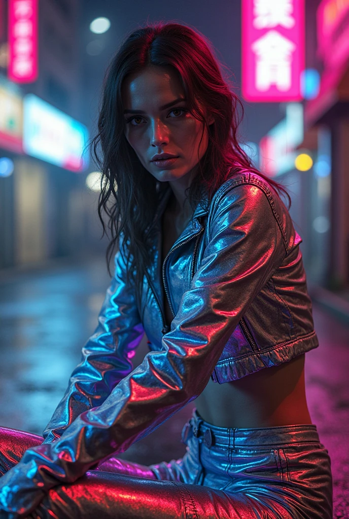 Top Quality, Masterpiece, High Resolution, 8k, full body shot, wide view, (((cute skinny barely legal girl in oversized silk blouse and wetlook leggings, wide neckline, deep neckline, beautiful detailed eyes, small closed mouth, extremely detailed face, long pixie asymmetrical hair style, small hips, at night, dim lighting, look behind, cyberpunk, tattoo, neon colors)))