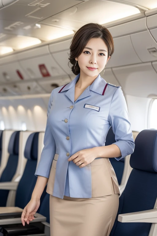 (8K, best quality, masterpiece:1.2), (realistic, photo-realistic:1.37), (high color saturation:1.0), (highly detailed skin), (highest quality:1.0), (ultra high resolution:1.0) ,(realistic:1.0), (Super detailed:1.0), (8K, Raw photo:1.1)、standing random pose, smiling, natural breast, perfect lighting, 22years old, (mysterious), clear and detailed, ((ANA_Cabin Crew, blue flight attendant_uniform)), black pantyhose, (aircraft, aircraft seats), cute face,