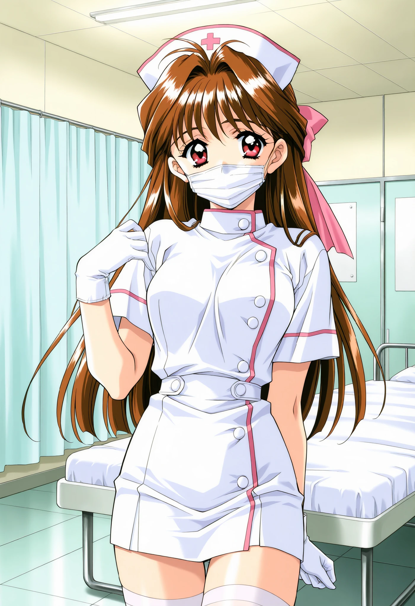 Score_9, score_8_up, score_7_up, source_anime, MinamizatoAi, 1girl, solo, long hair, brown hair, red eyes, bangs, 1990s (style), kadoi aya style, hair ribbon, pink ribbon, (best quality), (high quality), {masterpiece}, extremely delicate and beautiful, ultra-detailed, beautiful detailed eyes, nurse, nurse hat, ((white nurse's outfit)), white gloves, white thighhighs, hospital room, ((white mask, mouth mask, covered nose)), standing