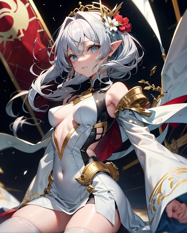 White Hair, Long Hair、Red eyes ,Blue eyeshadow, One Girl, alone, , Earrings ,Show Viewer, blush, , long white elbow satin gloves, , knight、Clothing covering the chest Jewelry, very, A kind smile, Long white elbow gloves, White gloves, 、whole body、sexy、Knee-high socks、Sweaty。High resolution、8k、Attractive legs、Brown Skin Elf