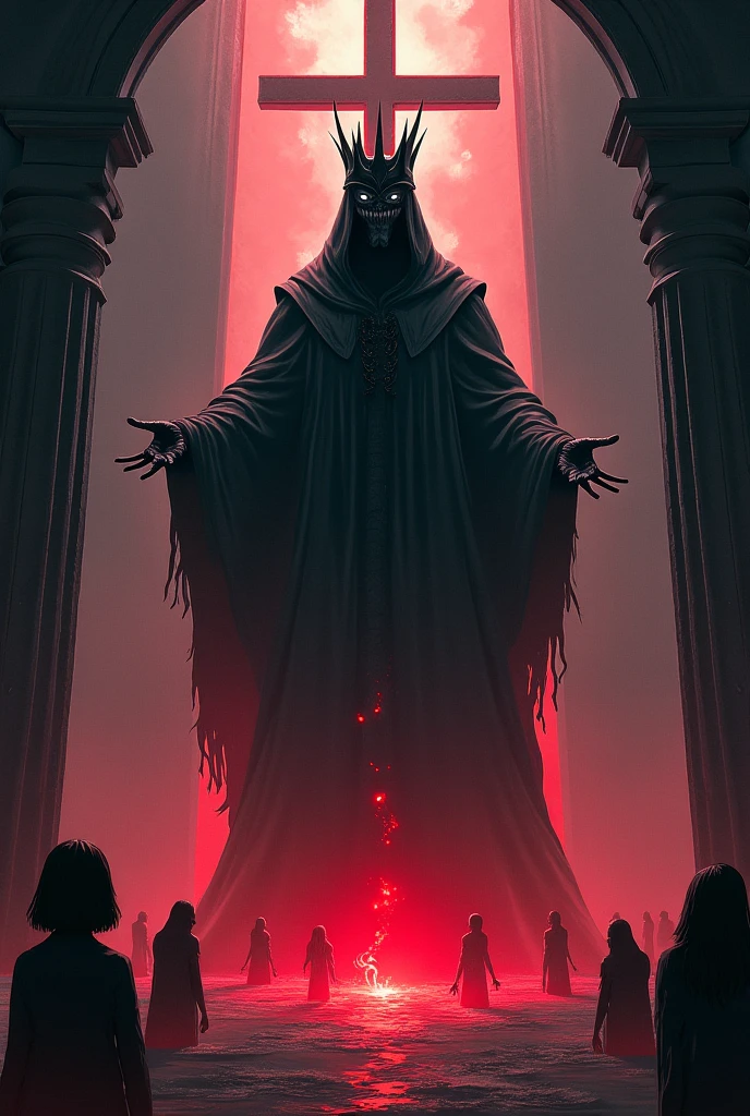 Make an image of death in a temple with a cross behind, that looks powerful, with dark light and red touches coming out of it, With a black crown on his head, make there are souls coming out of the ground, make it float and make the drawing style look real