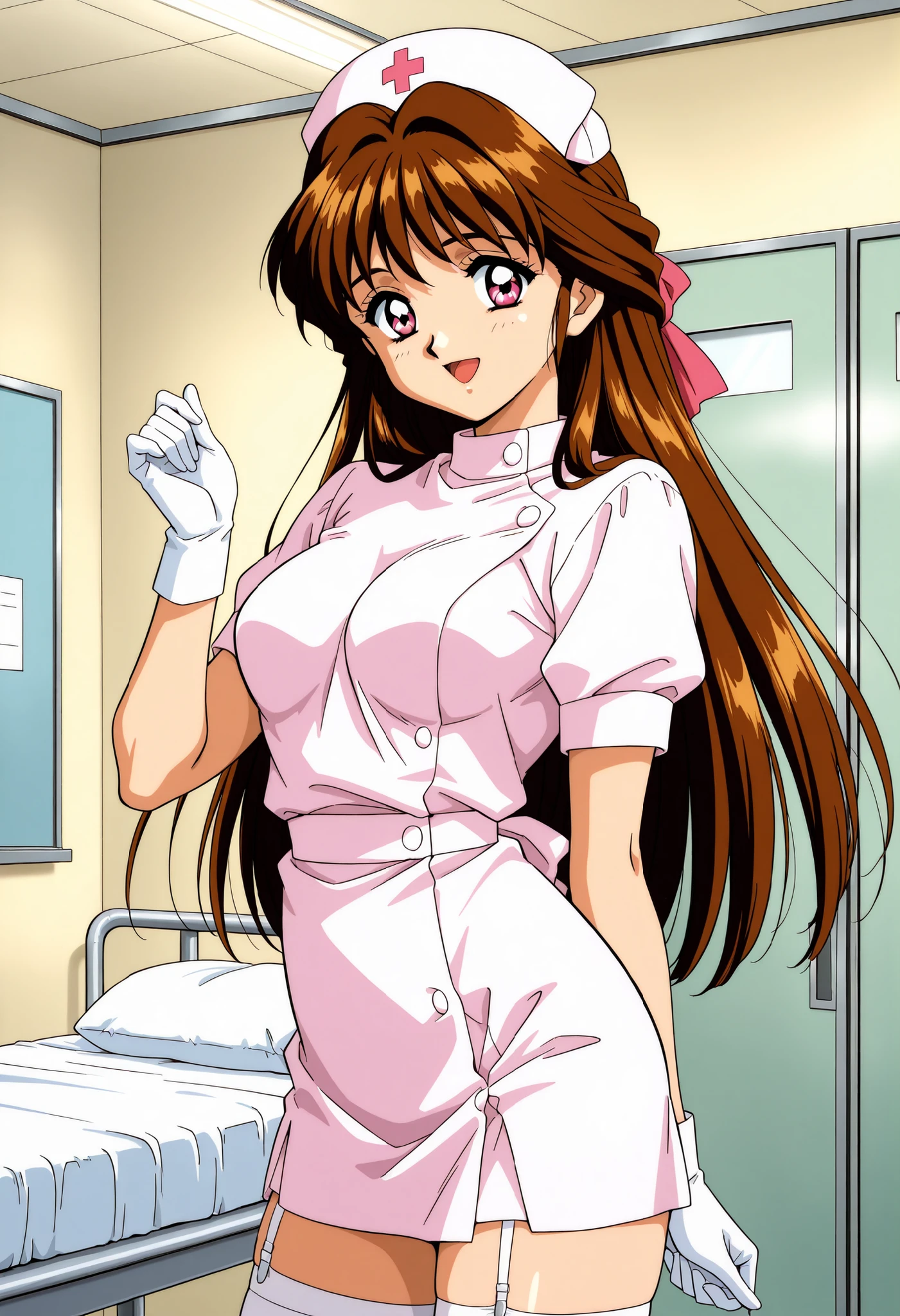 Score_9, score_8_up, score_7_up, source_anime, Minamizato_Ai(Anime), 1girl, solo, long hair, brown hair, pink eyes, bangs, hair ribbon, hair intakes, medium breasts, 1990s (style), anime coloring, (best quality), (high quality), {masterpiece}, extremely delicate and beautiful, ultra-detailed, beautiful detailed eyes, nurse, nurse hat, ((white nurse's outfit)), white gloves, white thighhighs, hospital room, smile, open mouth, standing
