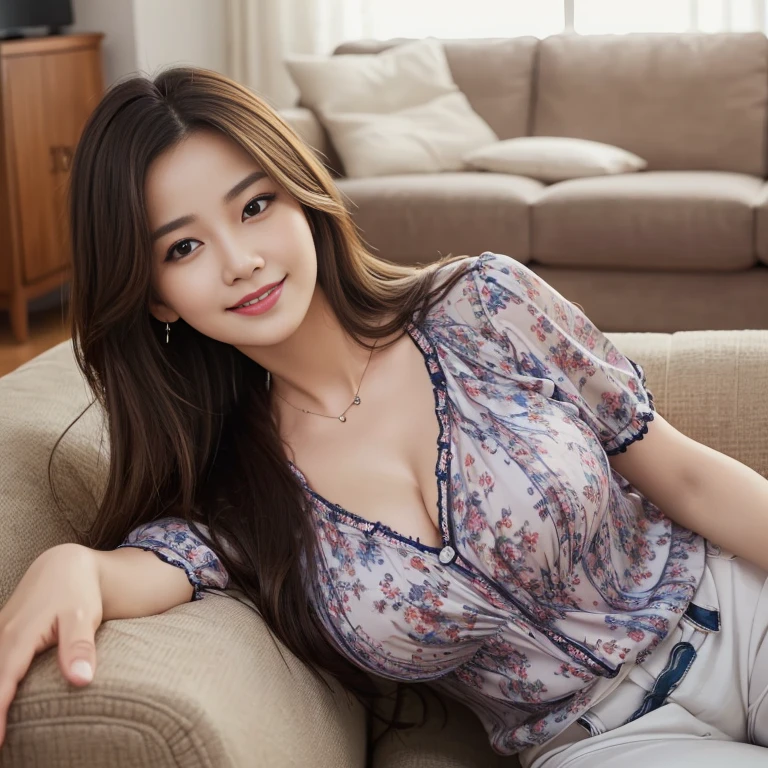 (1若い女の子very detailed美しい顔), great look and best quality:1.4), (super detailed), (very detailed CG 統合 8k 壁紙), very detailed, High resolution raw color photos, professional photography, realistic portrait, wonderful face and eyes, ((brown eyes)),(((big breasts))), (((Straight medium brown hair))), model, Depth of bounds written, , ((smile)),33 years old,(((blue blouse))),(((white long skirt))),cleavage,(Lying on the couch),(Flower Shop)