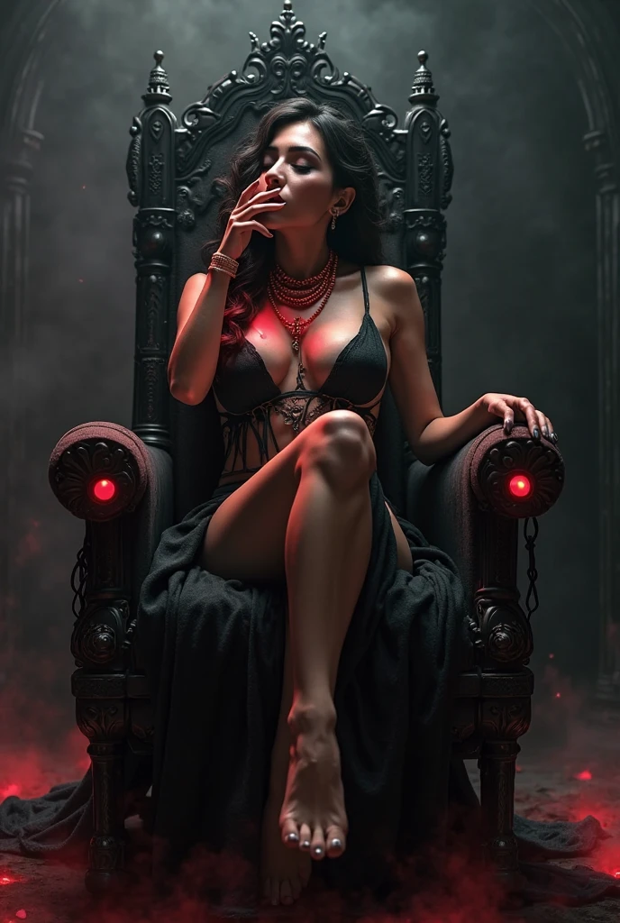 Image of a sexy female demon, in hell
,like a queen on the throne, small horns