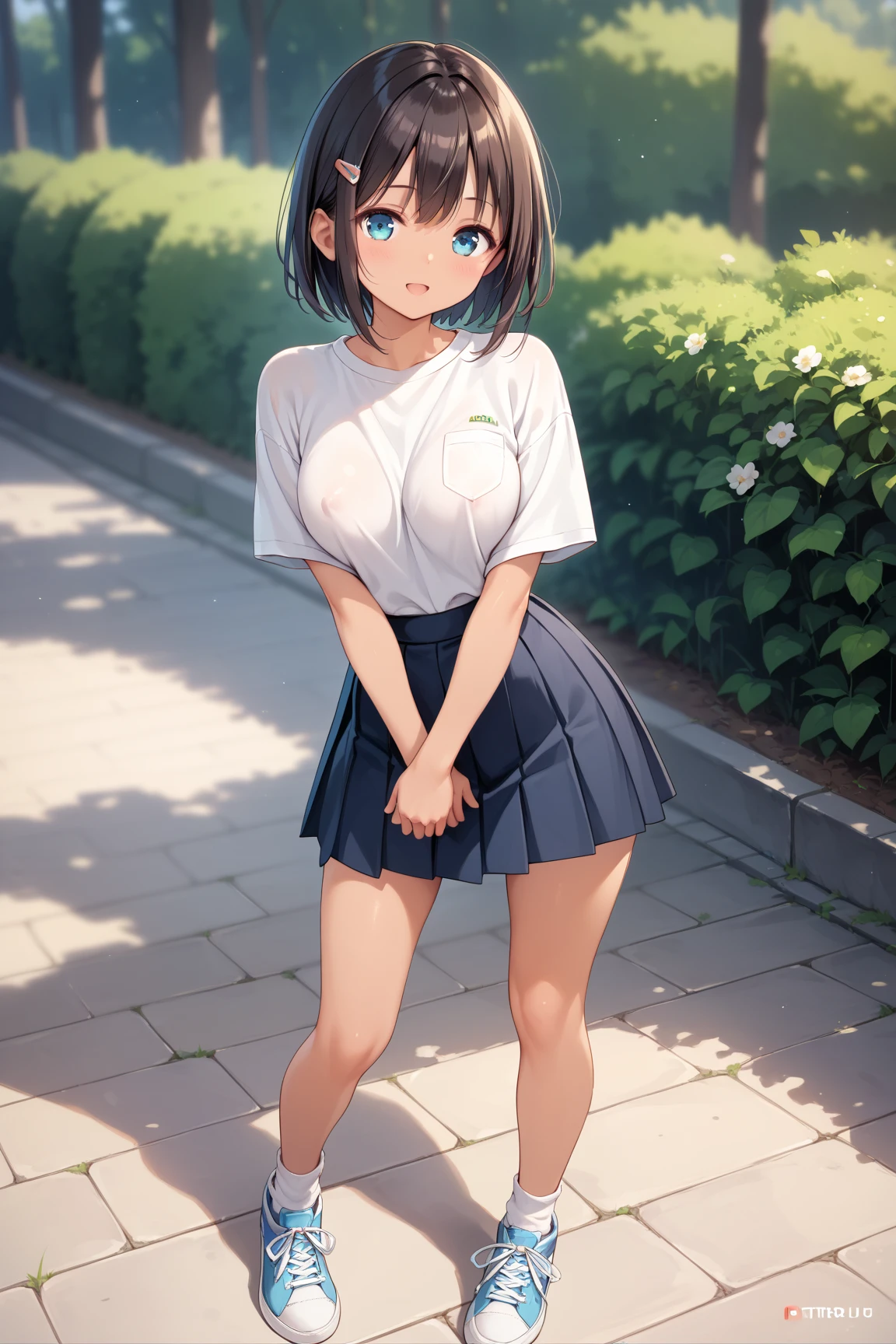 1 girl,17 years old,black hair, smile, happy, swaying hair, black eyes, brown eyes, shining eyes, turquoise polo shirt, plain polo shirt, turquoise polo shirt without lines, unmarked turquoise polo shirt, black pleated skirt, skirt with length that does not expose knees, black pleated long skirt, arms on hips, looking happy, straight, pointing, full body, refreshing, anime style, top quality、