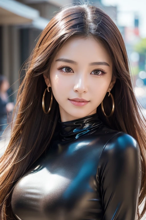 long hair, jitome, Surrealism, cinematic lighting, vanishing point, 135mm, uhd, masterpiece, Highres A beautiful Korean female knight,Large bust,Big hips,Wear motorcycle latex racing suit,Riding a large black。motorcycle,sports,Background highway