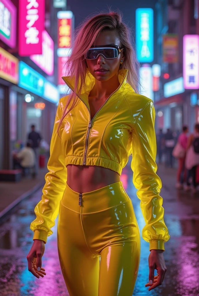 ariana grande, 25 years old, neon green sexy rave outfit, walking streets of bangkok at night, friendly and flirtatious expression, crowded street, light rain, detailed facial features, beautiful eyes and lips, high quality, photorealistic, 8k, hyper detailed, studio lighting, vibrant colors, cyberpunk neon aesthetic
