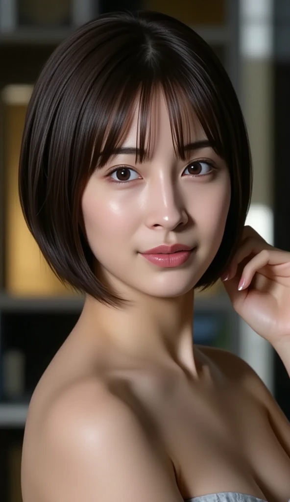 (Ultra High Resolution, Photorealistic, Realistic, Best Quality, Photorealistic),
(((High definition skin,visible pores)))),(real person,photo),
((Mix 4)),
(8K, raw photo, highest quality, masterpiece), (1 Japan schoolgirl), photon mapping, radiosity, physically based rendering, automatic white balance, ((face close-up, unforgettable smile, moist lips, short hair))), mastoid, watery eyes, eyelashes, clear double eyelids,
(blush | cute and playful | adorable | thin | thick bangs | beauty | 21 years old | cute looks | under 18 years old), (breasts))),(Viewer),((irises and pupils are rounded,pupils reflect the surroundings,eyes are the same size))), ((thin)))),Golden ratio face, golden ratio body