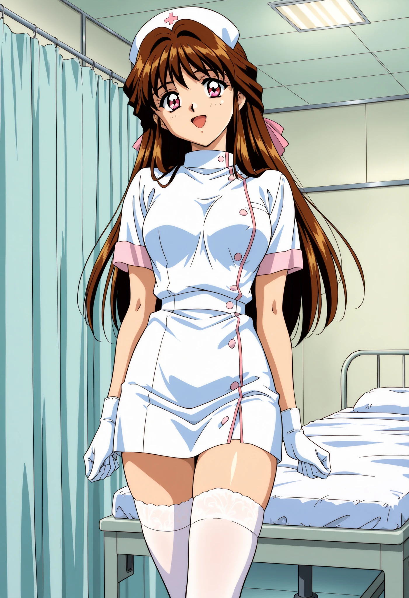 Score_9, score_8_up, score_7_up, source_anime, Minamizato_Ai(Anime), 1girl, solo, long hair, brown hair, pink eyes, bangs, hair ribbon, hair intakes, medium breasts, 1990s (style), anime coloring, (best quality), (high quality), {masterpiece}, extremely delicate and beautiful, ultra-detailed, beautiful detailed eyes, nurse, nurse hat, ((white nurse's outfit)), white gloves, white thighhighs, hospital room, smile, open mouth, standing