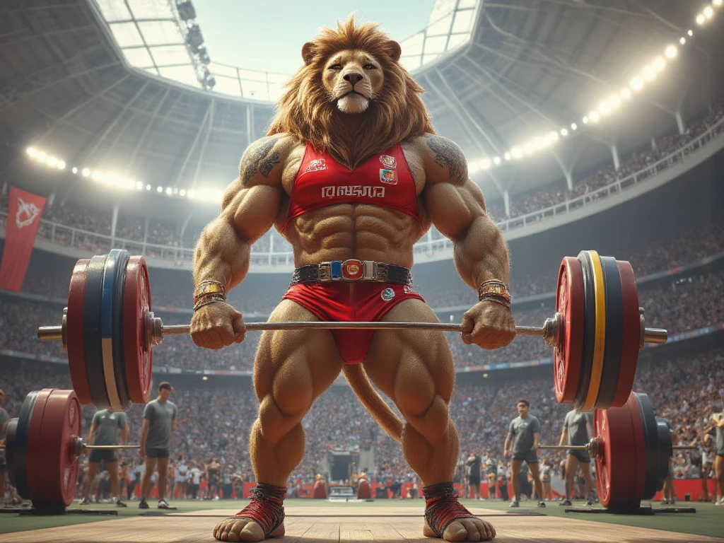 "A realistic, roaring yellow lion with a muscular build and an uncovered torso, wearing black shorts and barefoot. The lion is holding a barbell with three black weight plates on each side, raised above its head with both arms. Around its neck, it wears a gold medal with a red ribbon. A three-pointed crown rests on its head."