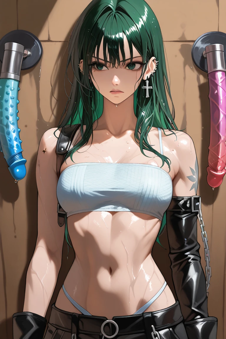 perfect eyes:1.2, detailed eyes:1.4, aba, sad, green hair, Bags under eyes, green eyes, from above, makeup, naked, nipples, vagina, pussy, lying on bed, hairband, bandages, bandaged neck, bandaged leg, spread legs, bandaged arm, bandaged hand, 1girl, solo, (masterpiece:1.6, best quality),