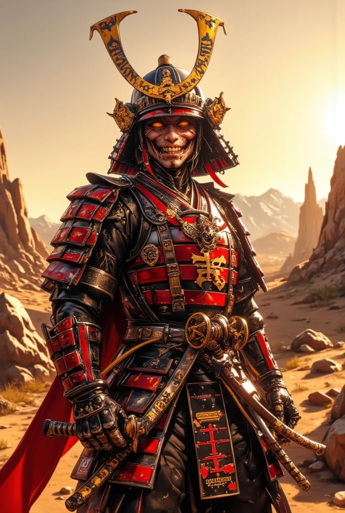 Close-up of a ((extremely handsome old man warior)) , half human, half beast. Their eyes are filled with hapiness and longing. The background is a trail of blood and violence. He wears a mechanized robot armor, carved with animal elements, human skulls. The sky is filled with swirling, fiery clouds. The photo conveys a strong sense of the warrior's appearance, ((smiling))