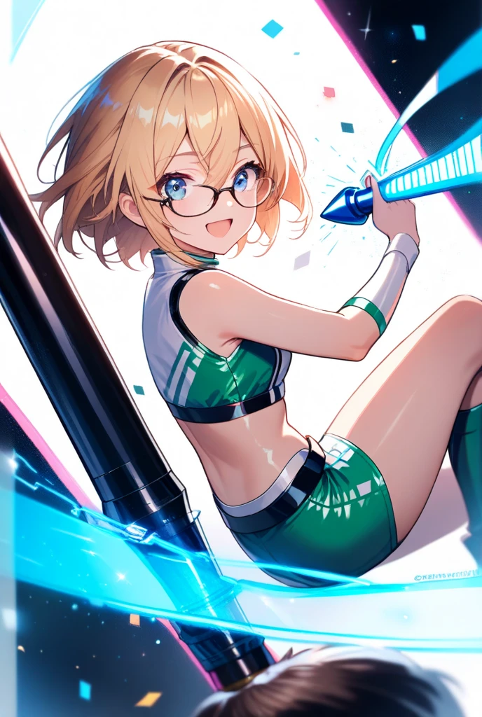 nsfw,(super fine illustration,8K CG wallpaper,best quality,extremely detailed,ultra high res,best aesthetic),(cowboy shot,from front),idolmaster, {{{hina araki}}}, (25yo, beautiful girl), (beautiful brown eyes),((beautiful orange hair)), ((short hair)), (((green rim glasses))), (wet hair), (wet skin), ((sweat)), ((steam)), (flat chests,large breasts), (tall), (slender), (((green and white cyber suit))), ((open clothes)), ((pubic orange hair:1.5)), ((on stage)), ((((spread legs)))),((spread pussy:1.3)),(open mouths), (a big smile), ((stick out tongue)),(feel good), (one eye closed),(blush),(singing),((have a microphone)),(((headset))),(bule napoleon),