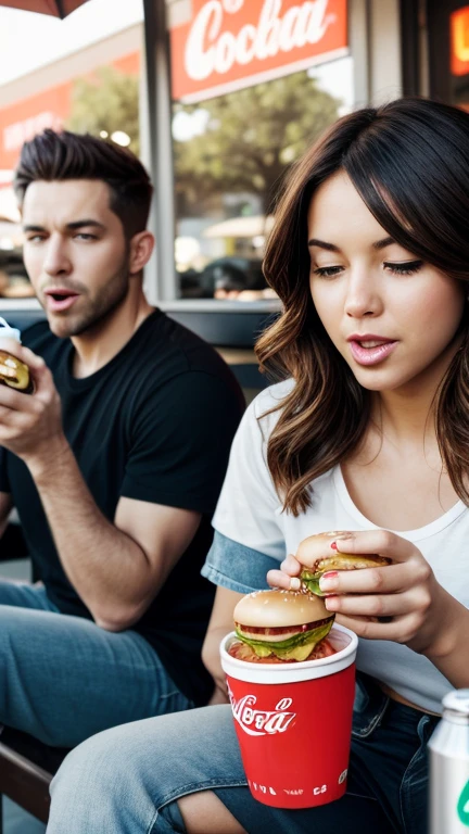 A couple of two fat people, the blond man with curly hair and the brunette woman with straight black hair, sitting on the floor with two hamburgers and a three-liter soda