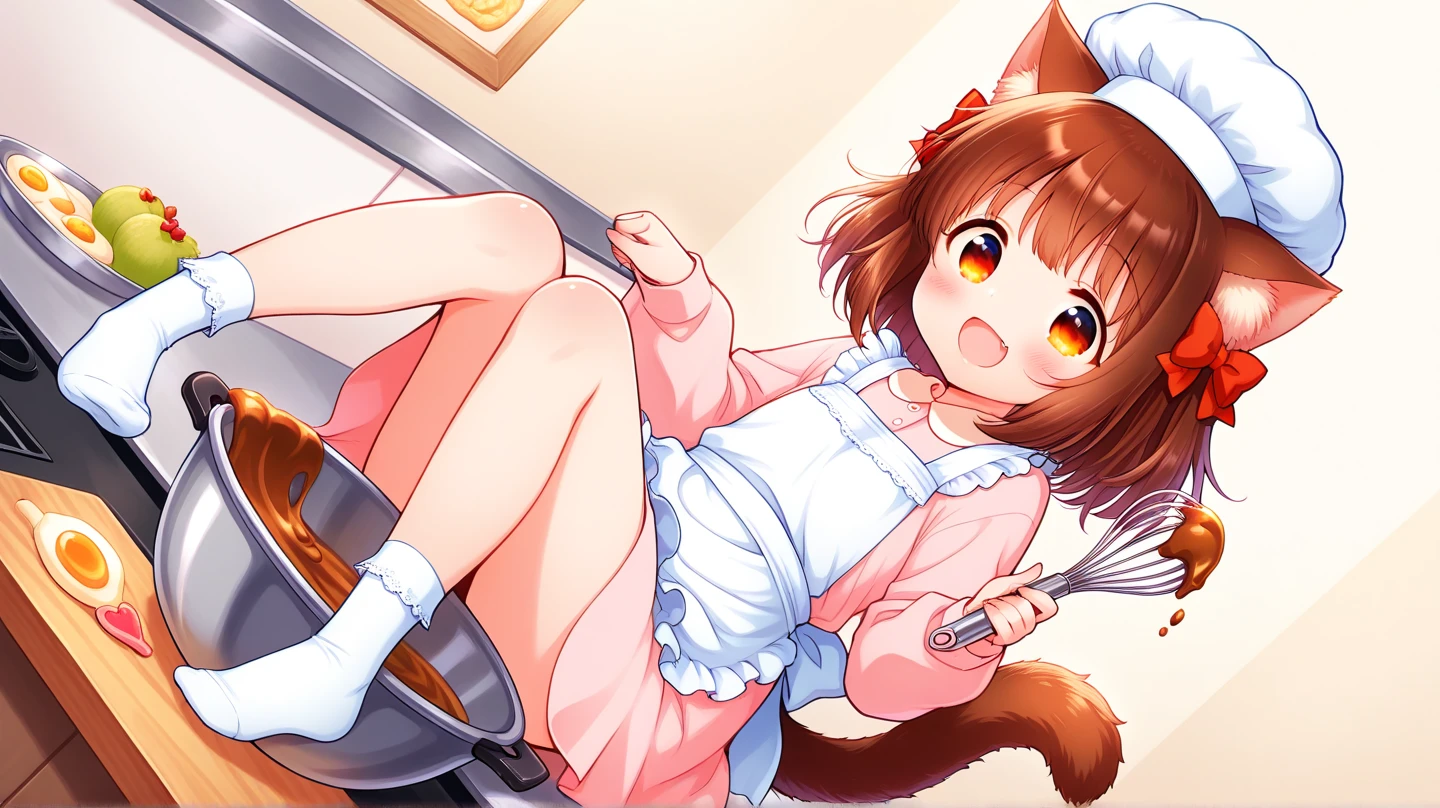boy, squirrel, furry, bodyfur, tail, collar, bra, bottomless, gloves, boots, chibi, sparkling eyes, idol, hair bow, happy, full body, penis, testicles, cooking, kitchen, apron, looking back, blush, peeing