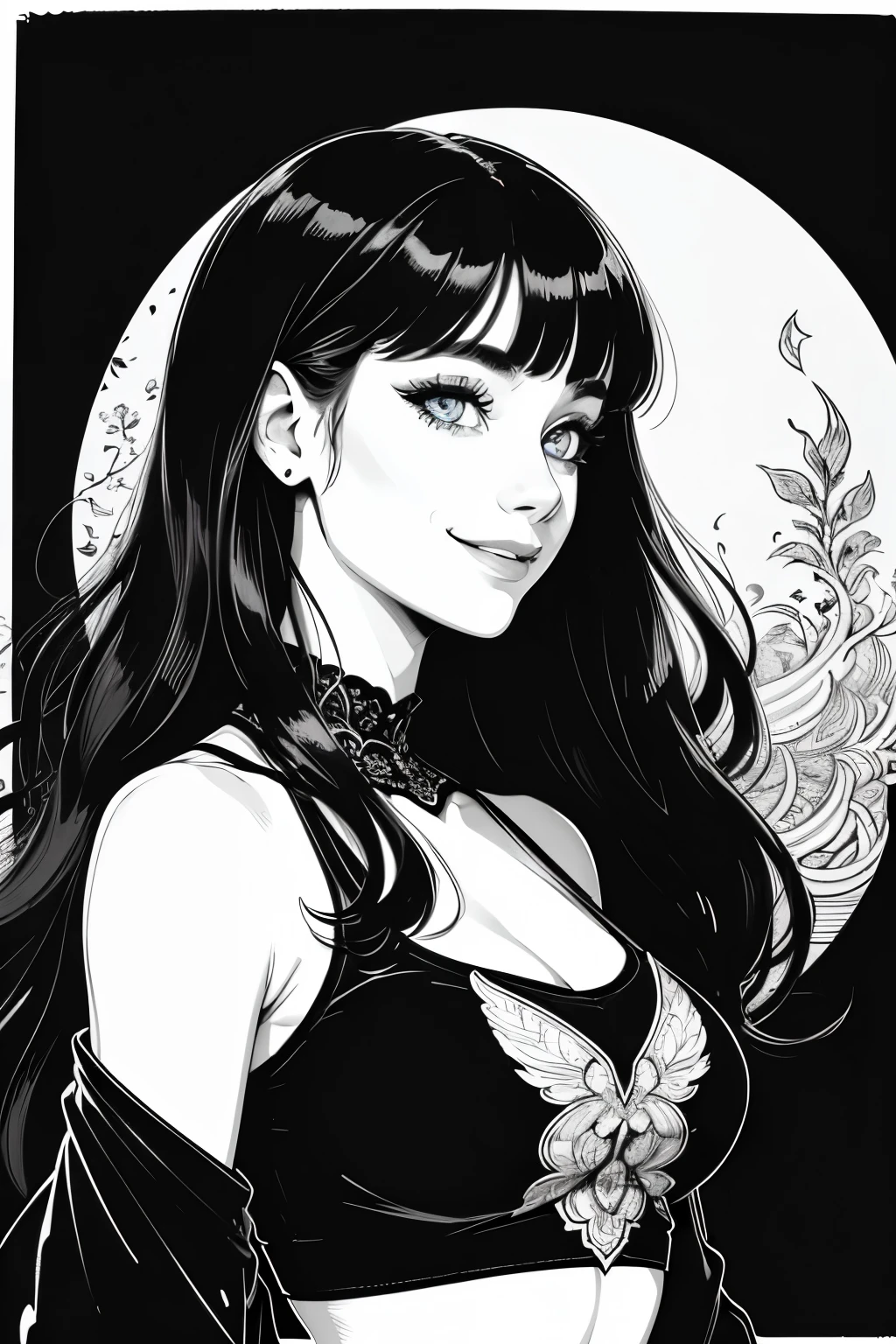 Ultra-detailed, master piece, Top quality, woman, bewitching smile, Beardsley style picture, monochrome, ink_art, line-art, block print, side view, crop top, long wavy hair, bangs, Very_beautiful_face, very_beautiful_eyes, even_eyes