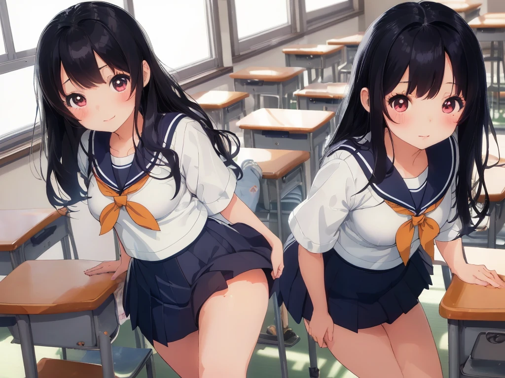 NSFW, In the classroom, sit on a chair, physical education sitting, ((Raise your knees and spread your legs in an M-shape.)), (master piece, highest quality), one beautiful girl, 16 years old, bra is visible, (sexy panties), fluffy pubic hair, ((sexy thighs)), (sailor suit, navy pleated skirt), wide angle, best lighting, best shadows, (open your mouth a little), (surprised expression), physical education sitting, low twintails, high ponytail, curl bob hair, a shy look