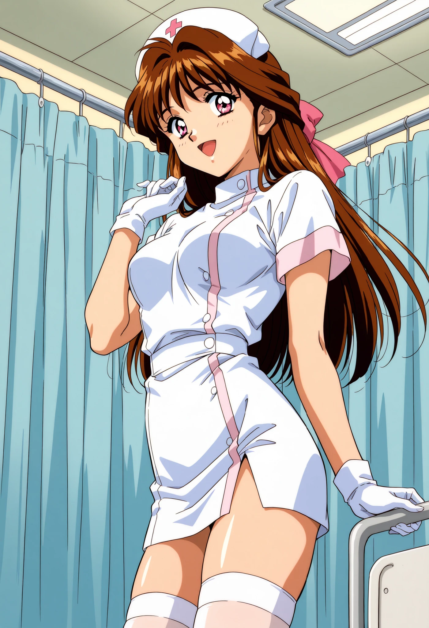 Score_9, score_8_up, score_7_up, source_anime, Minamizato_Ai(Anime), 1girl, solo, long hair, brown hair, pink eyes, bangs, hair ribbon, hair intakes, medium breasts, 1990s (style), anime coloring, (best quality), (high quality), {masterpiece}, extremely delicate and beautiful, ultra-detailed, beautiful detailed eyes, nurse, nurse hat, ((white nurse's outfit)), white gloves, white thighhighs, hospital room, smile, open mouth, standing