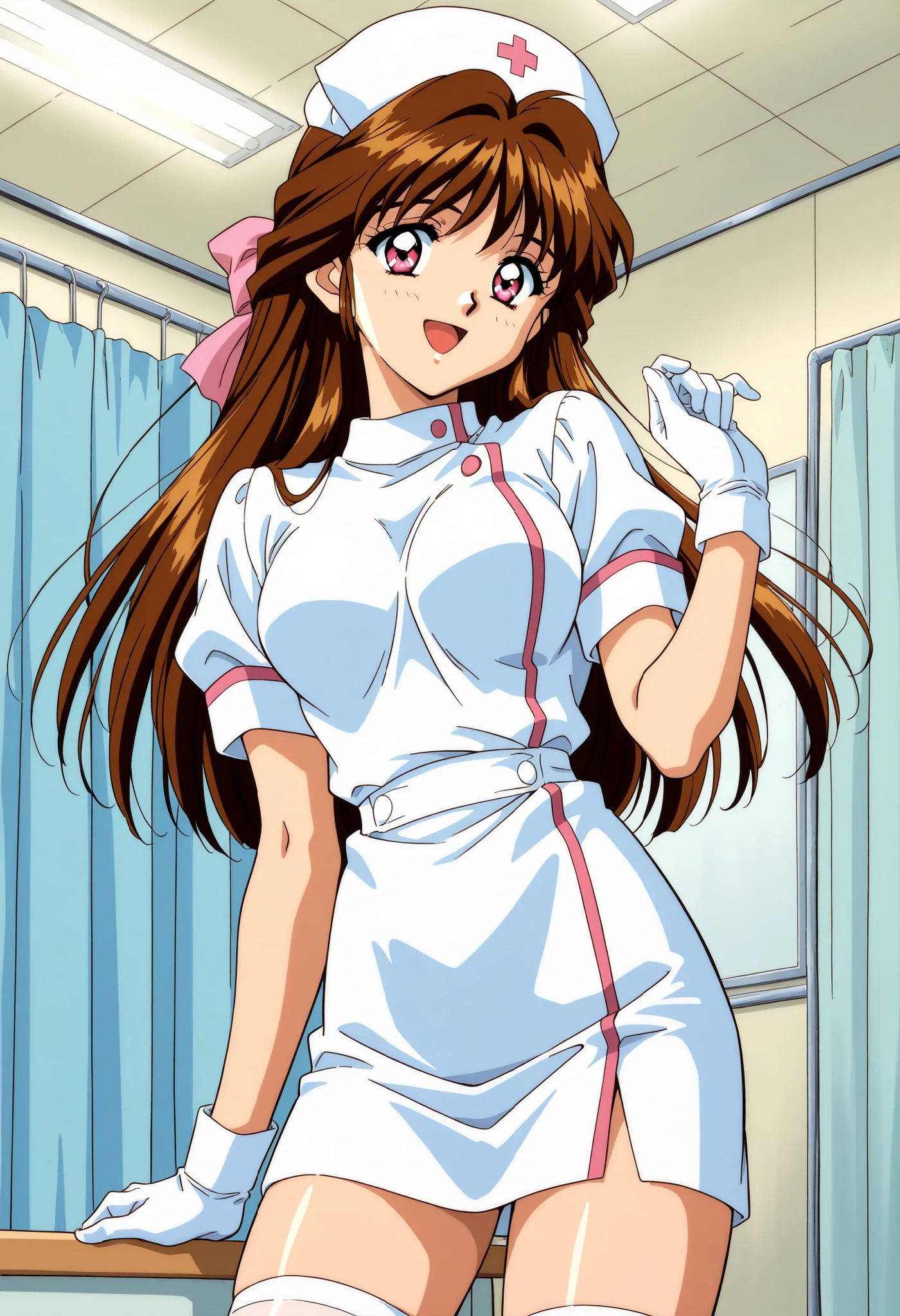 Score_9, score_8_up, score_7_up, source_anime, Minamizato_Ai(Anime), 1girl, solo, long hair, brown hair, pink eyes, bangs, hair ribbon, hair intakes, medium breasts, 1990s (style), anime coloring, (best quality), (high quality), {masterpiece}, extremely delicate and beautiful, ultra-detailed, beautiful detailed eyes, nurse, nurse hat, ((white nurse's outfit)), white gloves, white thighhighs, hospital room, smile, open mouth, standing