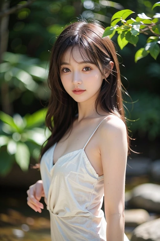 river-playing women, summer clothes, stylish and beautiful women, happy expressions, slightly upward gaze, long soft hair, light brown wavy hair, sparkling droplets, photo-like images , real ,4K , live action