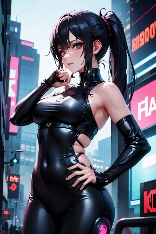 anime girl in black latex posing on the street, girl in latex, cute cyborg girl, cyberpunk anime girl mech, perfect anime woman, female cyberpunk anime girl, anime cyberpunk art, oppai cyberpunk, wearing latex, biomechanical oppai, digital cyberpunk anime art, black shiny latex, visible armpits, nude