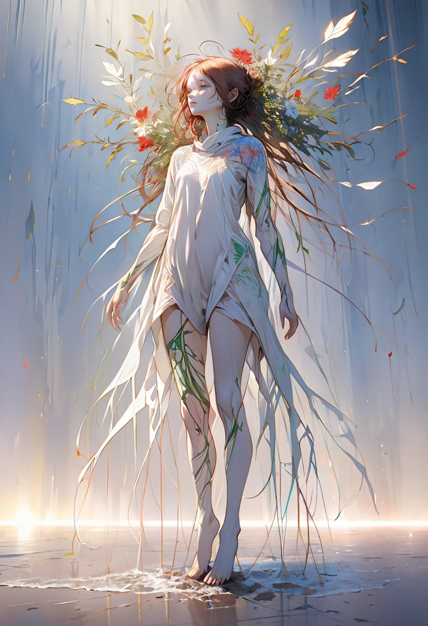full body,grey background,(broken face:1.2),((white and red)),growth,leaf,tree branch on head,branch, fractal,branch arm,branch legs